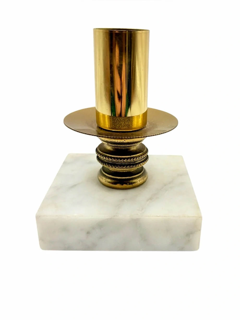 Vintage MCM Brass and White Marble Taper Candle Stick Holder